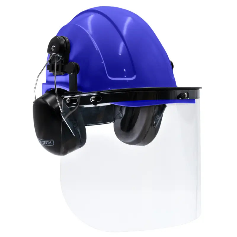 Blue cap-style hard hat kit with mountable earmuffs and hi-transparency face shield