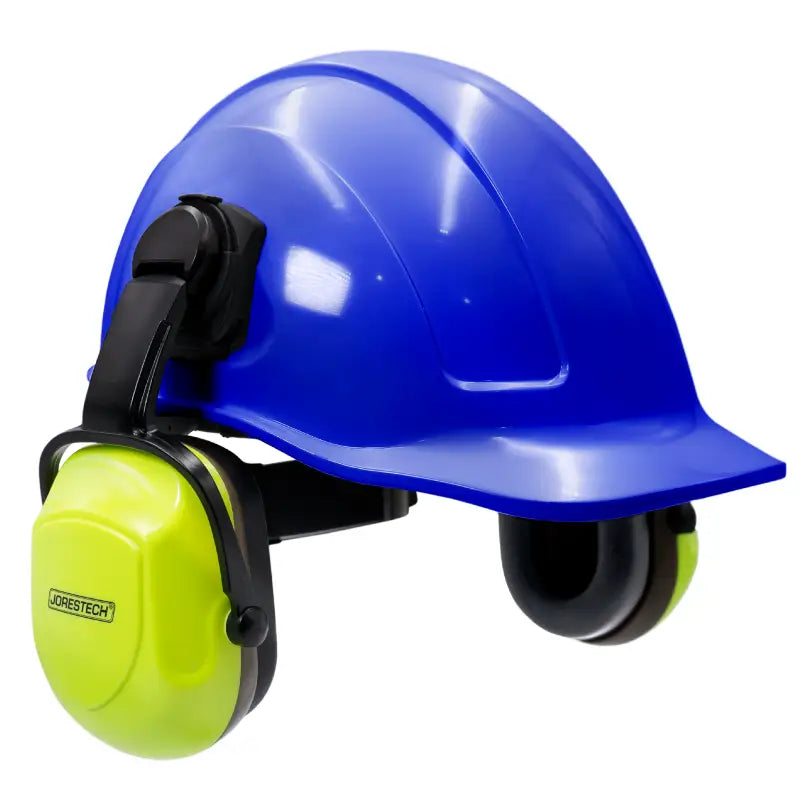 Blue cap-style hard hat kit with high vis mountable earmuffs for safety and comfort