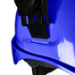 Blue cap-style hard hat with black attachment for earmuffs and hi-transparency face shield