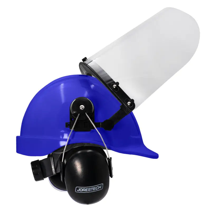 Blue cap-style hard hat kit with hi-transparency face shield and earmuffs