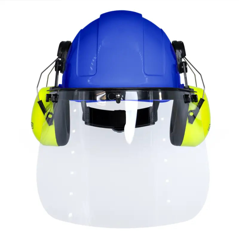 Blue cap-style hard hat kit with lime mountable earmuffs and hi-transparency face shield