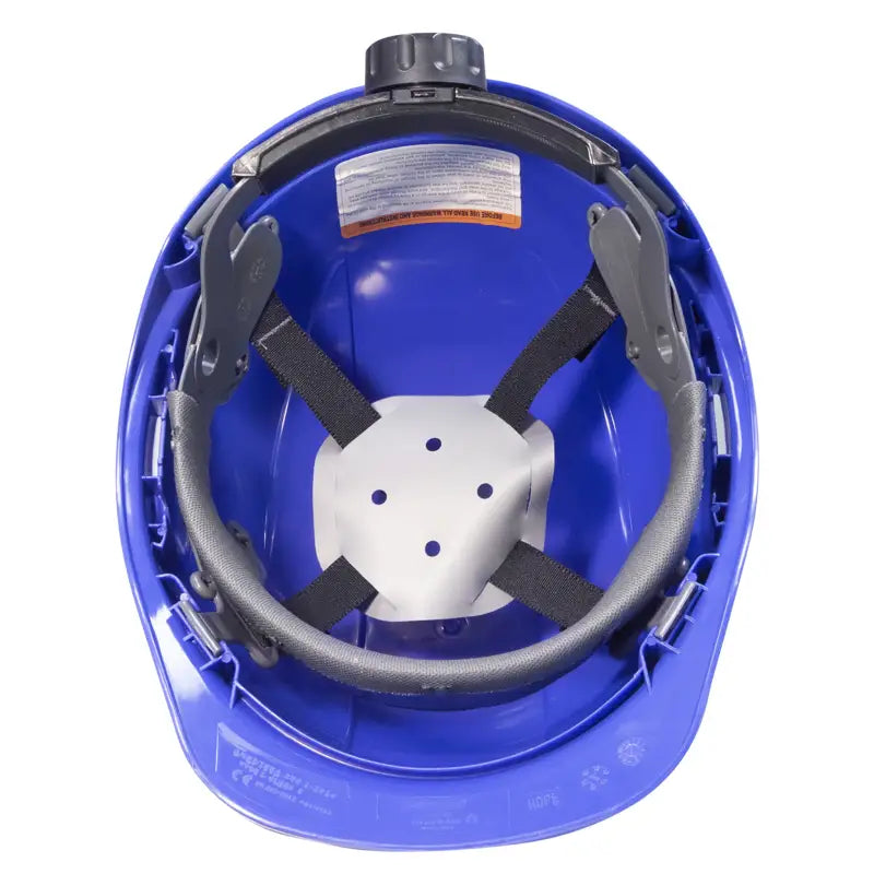 Interior view of Blue hard hat featuring cap style safety and 4 point suspension