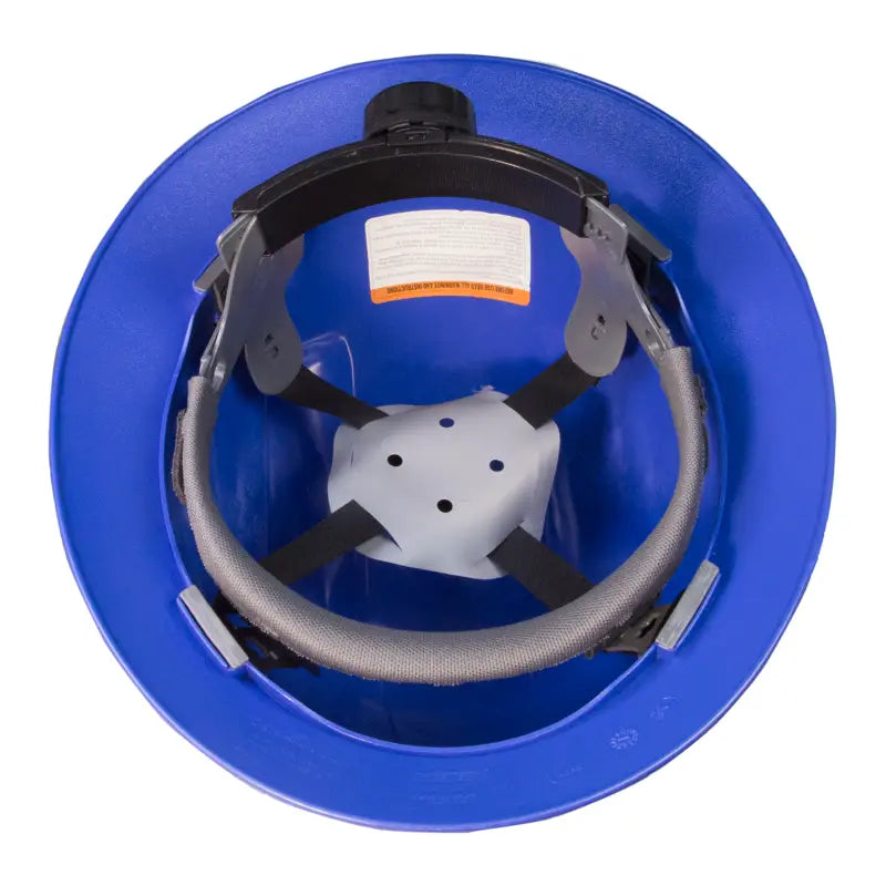 Blue hard hat interior view showcasing Full Brim Safety Hard Hat with 4 Point Suspension