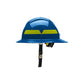 Blue hard hat with yellow reflective stripes, part of Bullard Brim Wildland Helmet