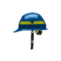 Blue Bullard Wildland Fire Helmet cap style with yellow stripe and black chin strap