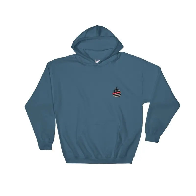 Indigo Blue Fire Alarm Hoodie with American flag logo on chest for casual style