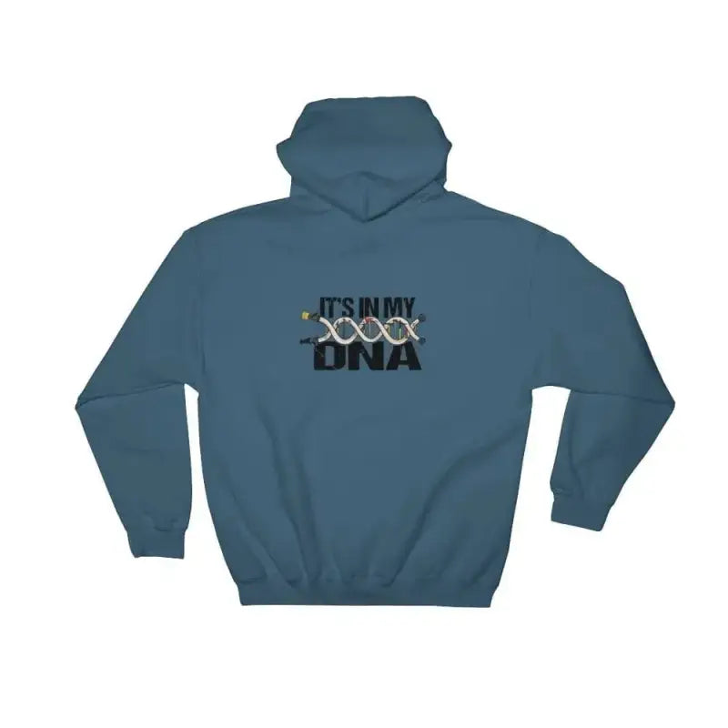 Indigo Blue DNA Hoodie with double helix graphic and ’DNA’ text design on front