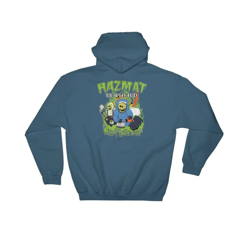 Indigo Blue Hazmat Certified Hoodie with Green Cartoon Graphic Design on Front