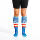 Blue knee-high athletic socks with colorful stripes for Colorado Peaks and first responders
