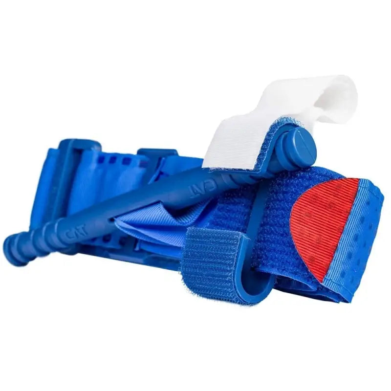 Blue medical tourniquet with red windlass holder, ideal for Combat Application Tourniquet CAT Gen7