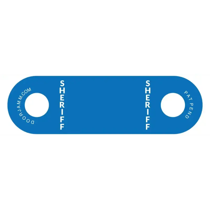 Blue metal bottle opener with SHERIFF text, part of the Sheriff DoorJamm collection