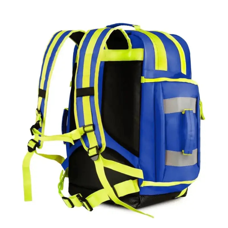 Blue and neon yellow Scherber Ultimate Responder Trauma O2 Backpack with reflective stripes