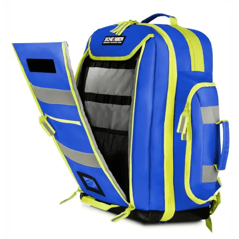 Blue and neon yellow Scherber Ultimate First Responder Trauma O2 Backpack with reflective strips