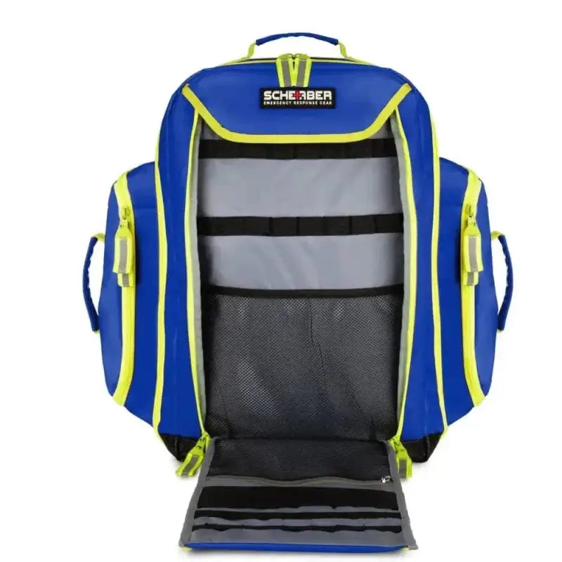 Blue and neon yellow Scherber Ultimate First Responder Trauma O2 Backpack with compartments