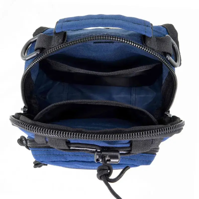 Blue nylon shoulder sling backpack with black zippers for bleeding control sling use