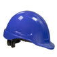 Blue plastic hard hat featuring cap style safety design with 4 point suspension and brow liner