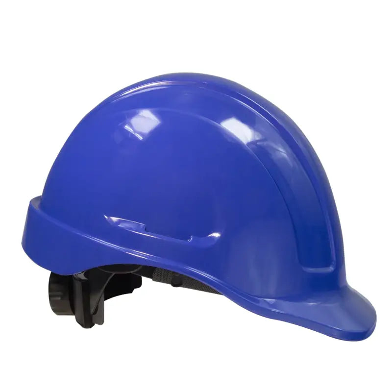 Blue plastic hard hat featuring cap style safety design with 4 point suspension and brow liner