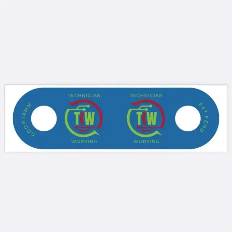 Blue plastic tag with TW logos on TeKnowledge Worldwide TKW DoorJamm in five colors