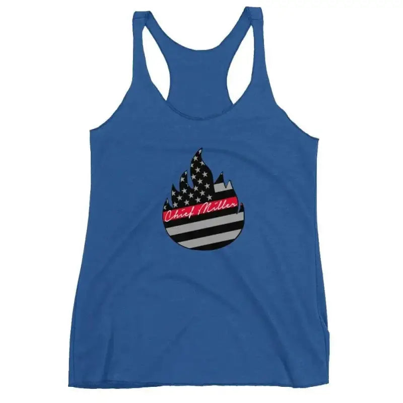 Blue racerback tank with American flag flames and vintage shocking pink text design