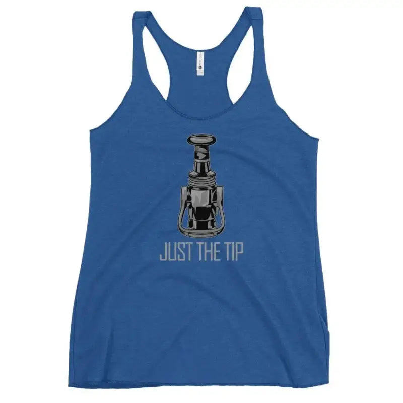 Blue racerback tank top with JUST THE TIP text and wine bottle opener graphic design