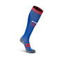 Blue and red tall compression socks with a cable knit pattern for athletic wear