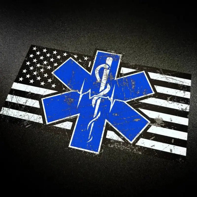 Blue Star of Life symbol on black and white American flag - Paramedic Flag Decal