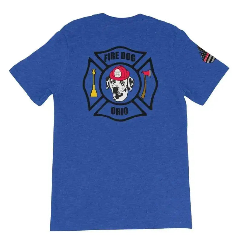 Blue dog short-sleeve t-shirt featuring Fire Dog Ohio emblem and Dalmatian mascot