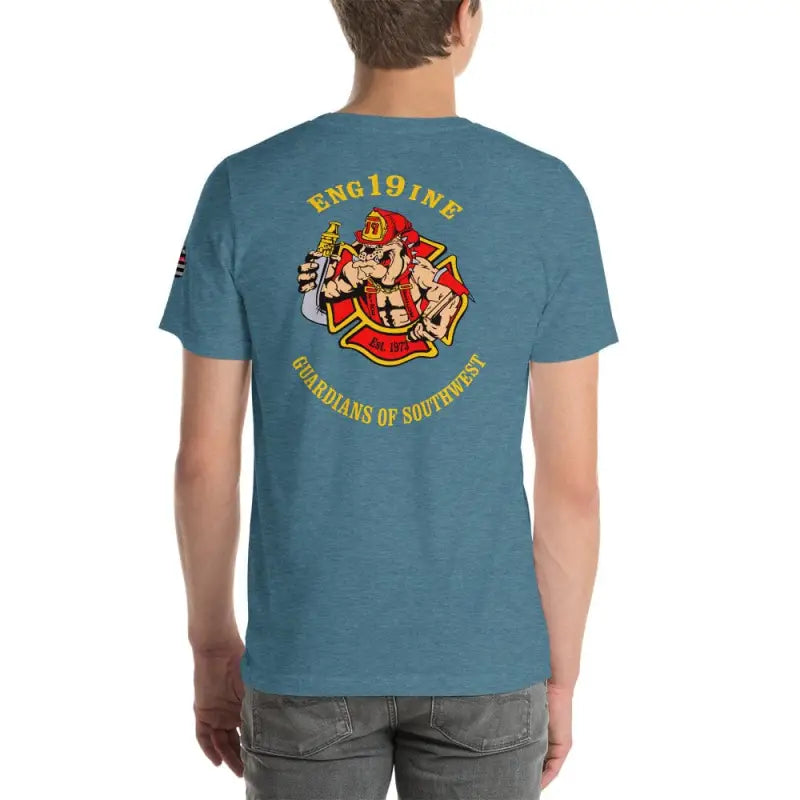 Blue t-shirt with firefighter emblem and ENG191ME text, available in Prism Dusty Blue