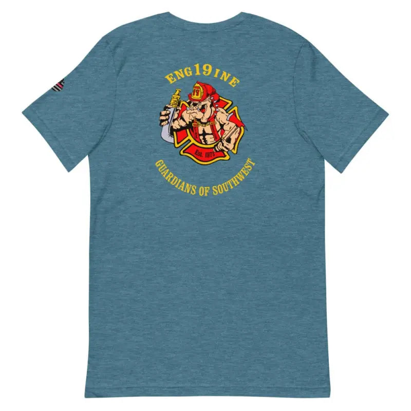 Blue t-shirt featuring firefighter emblem and Engine 191 text in Dark Grey Heather