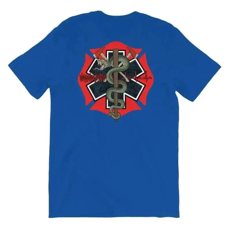 Blue T-shirt featuring firefighter EMS emblem on back in True Royal color