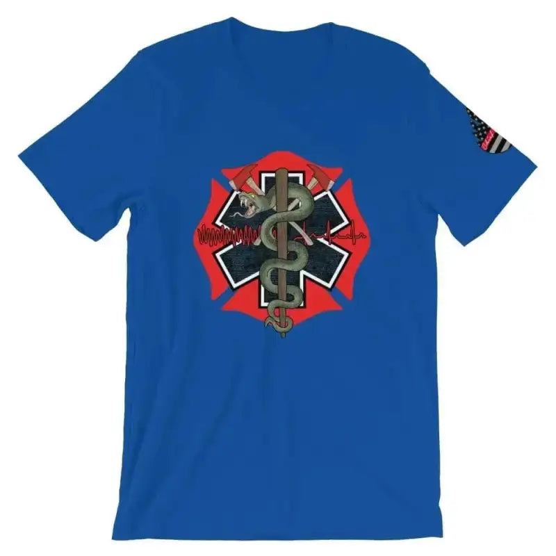 Blue t-shirt with firefighter EMT emblem on Athletic Heather fabric