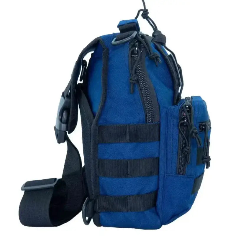 Blue tactical shoulder sling backpack with black straps and zippered compartments