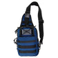 Blue tactical sling backpack with black straps and compartments for bleeding control sling