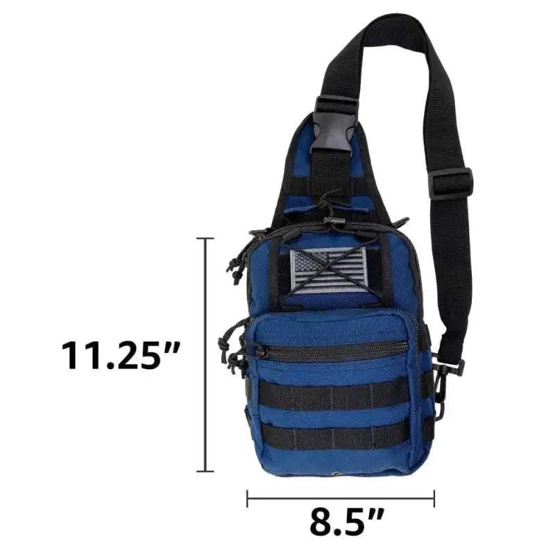 Blue tactical shoulder sling backpack with MOLLE webbing for bleeding control use