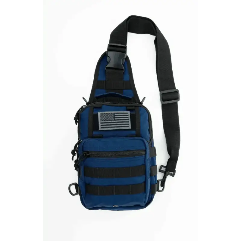 Blue tactical bleeding control sling bag with black straps and American flag patch