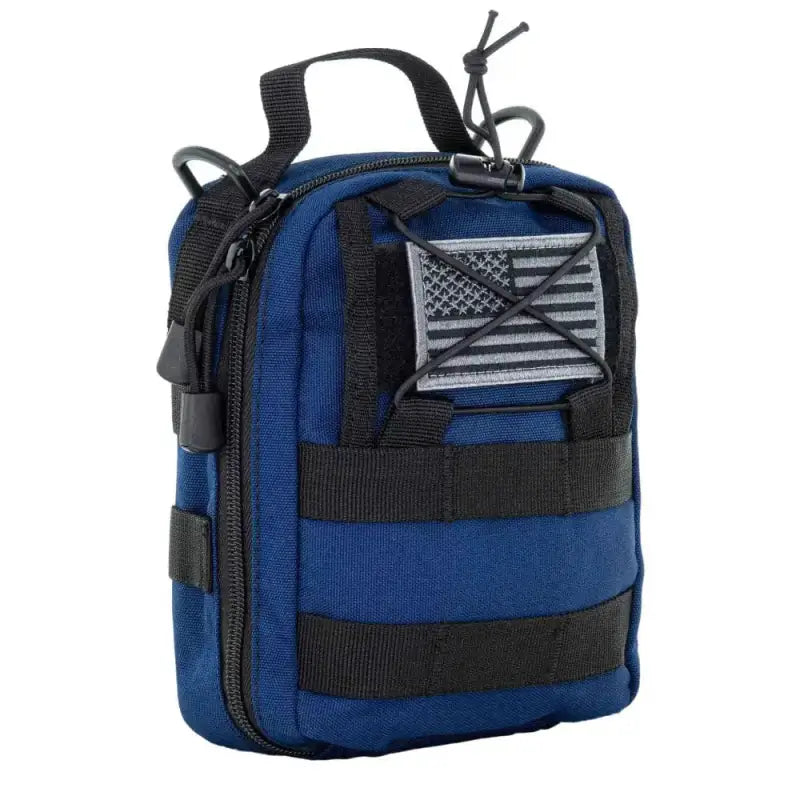 Blue tactical MOLLE Trauma Bag with black straps and American flag patch for emergency supplies