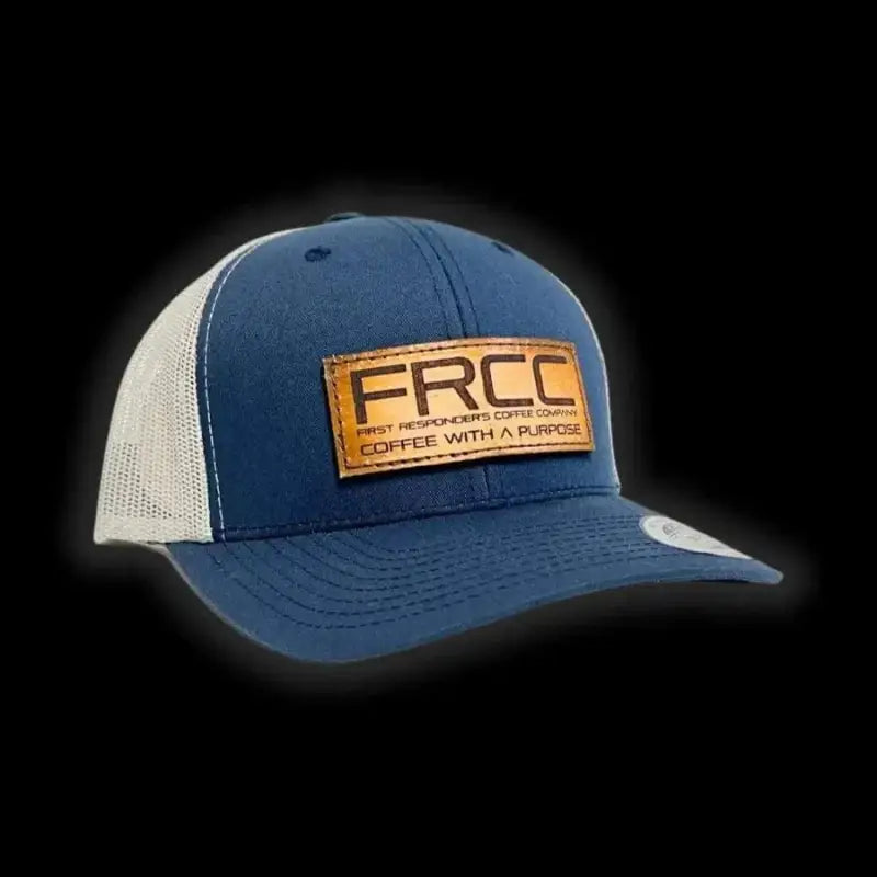 Blue trucker hat with leather FRCC patch, perfect for hat blue coffee enthusiasts