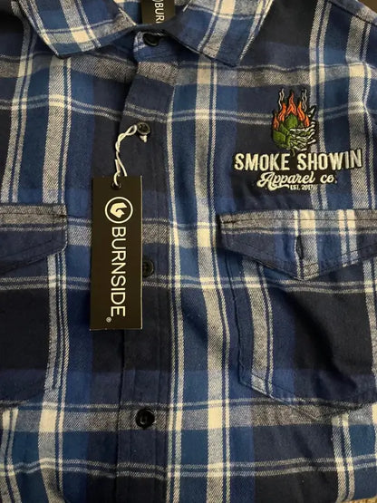 Blue and white plaid Burning Hop Flannel shirt with Smoke Show logo on pocket