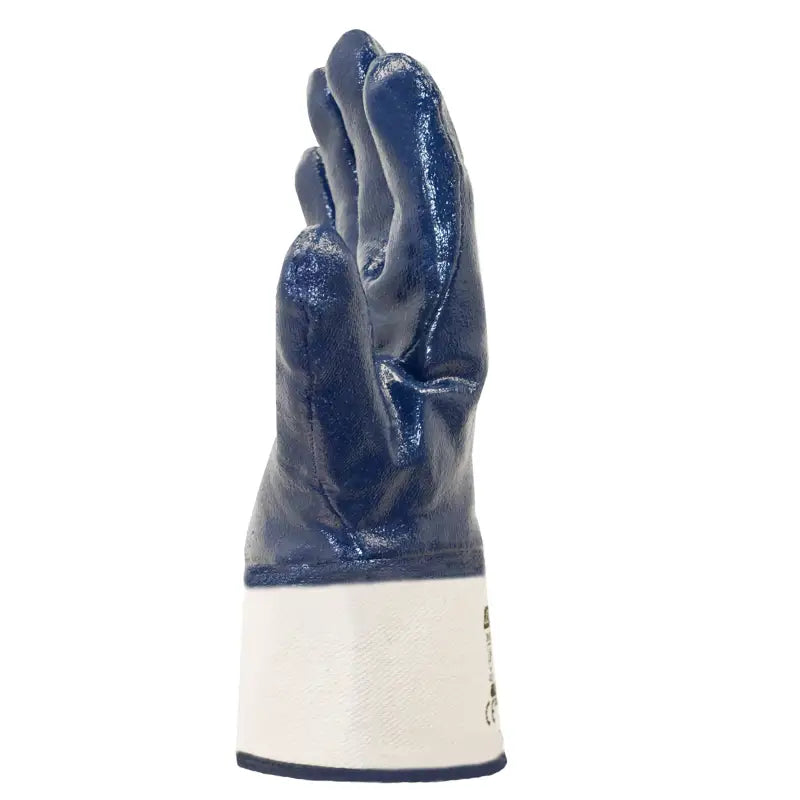 Blue and white coated nitrile safety glove in Fully Coated Nitrile Safety Work Gloves pack