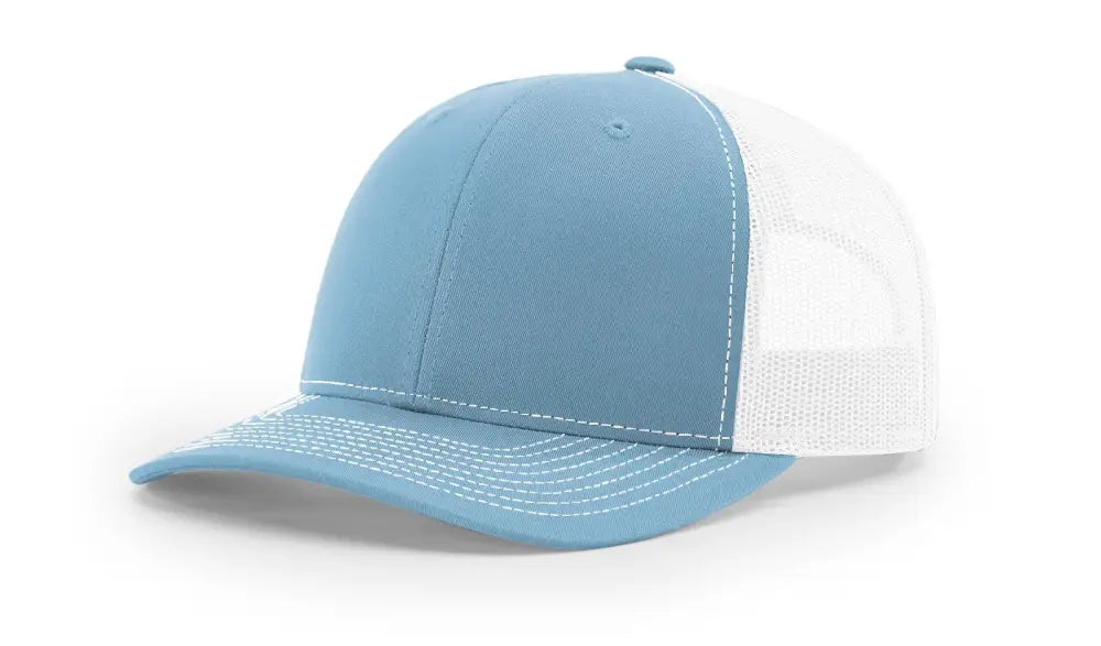 Blue and white trucker hat with leather patch for First Responders and Firefighters in Dumpster Fire collection