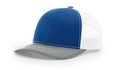 Blue and white trucker hat with serpent skull leather patch for a stylish look