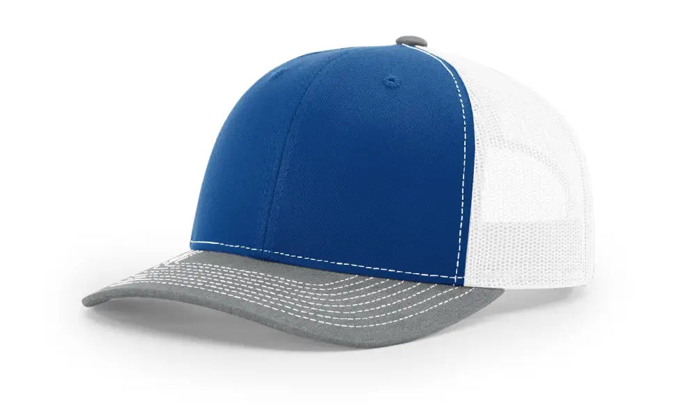 Blue and white trucker hat with leather patch for first responders and firefighters in Dumpster Fire collection