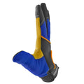 Blue, yellow, and black touchscreen safety work gloves with leather palms for optimal grip