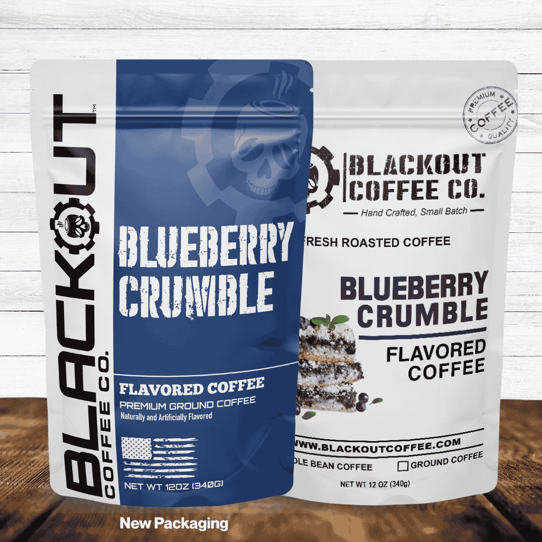 A bag of Blueberry Crumble Flavored Coffee by Blackout Coffee Co, reflecting its premium quality and unique blueberry flavor.