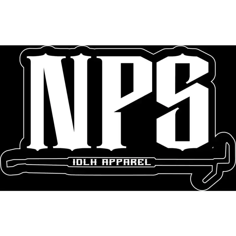Bold white NPS logo with IDLH APPAREL on black background for NPS sticker and helmet slap