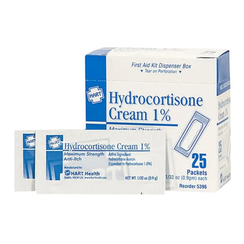 Box of 1% Hydrocortisone cream packets for allergic reactions in Waterproof 6000 Series First Aid Kit