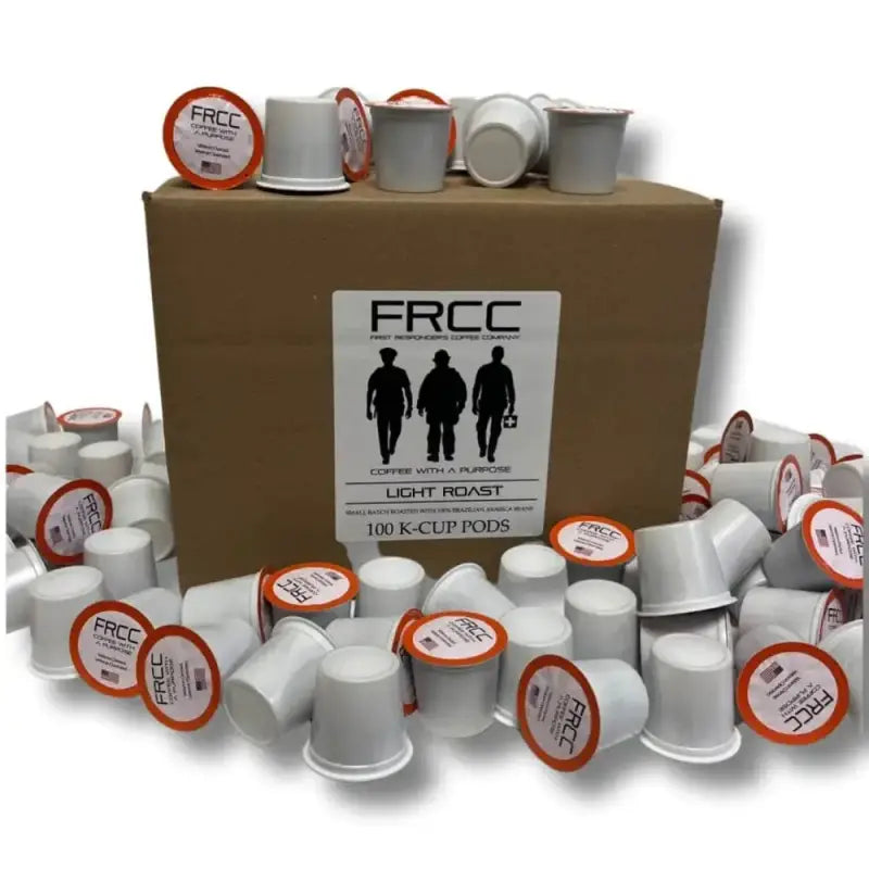 FRCC coffee pods in a big box 100ct with scattered K-cups around it