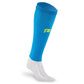 Bright blue calf compression sleeves with yellow logo for enhanced performance