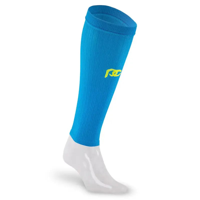 Bright blue calf compression sleeves with yellow logo for enhanced performance