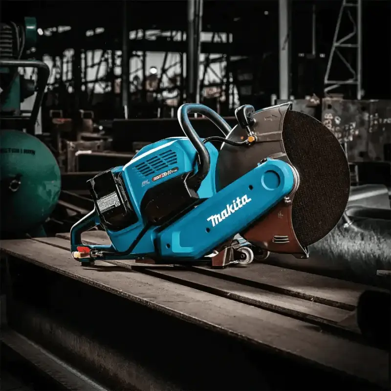 Bright blue Makita GEC01PL4 80V XGT® Brushless Power Cutter with electric brake and blade